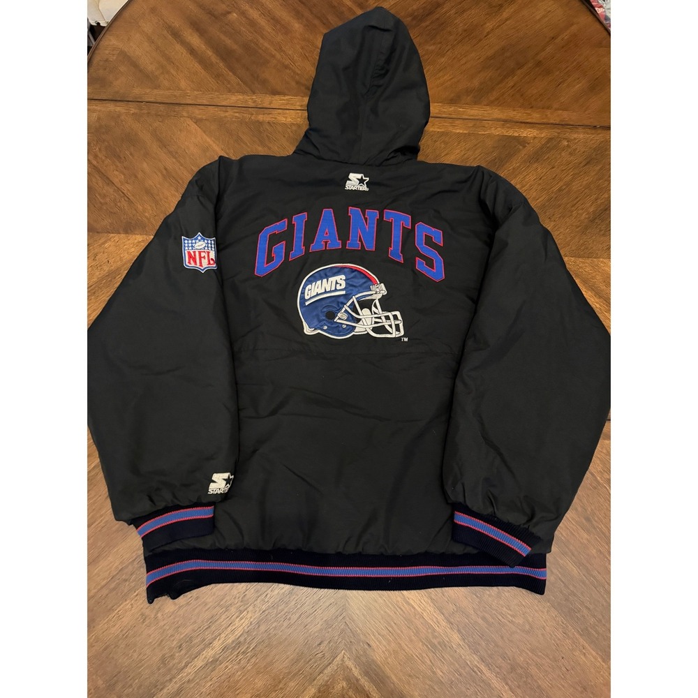 Vintage Starter NFL New York Giants Puffer Jacket Black Parka XXL Hooded 90s